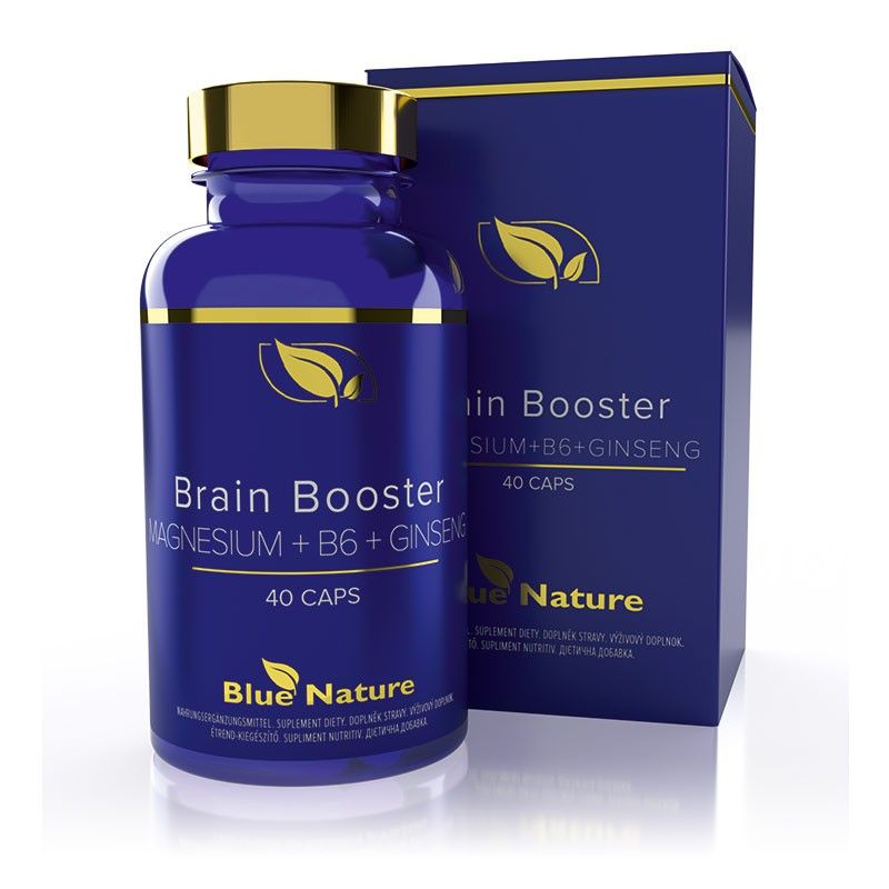 Brain Booster MAGNEZ + B6 + ŻEŃ-SZEŃ Suplement diety, 40 kapsułek. Blue Nature
