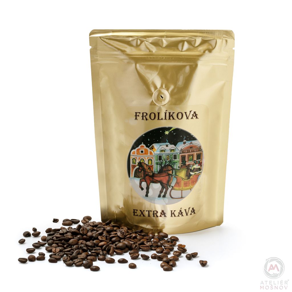 Kawa ziarnista Frolík Extra Christmas 1000 g - smak bardzo lekko gorzkawy z nutą orzechów. Jan Frolík - Pražírna kávy