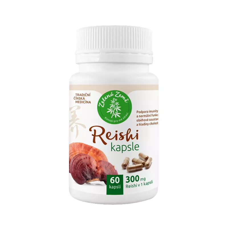Reishi – najsłynniejszy grzyb tradycyjnej medycyny chińskiej. Suplement diety. Opakowanie zawiera 60 kapsułek. Zelená Země s.r.o.